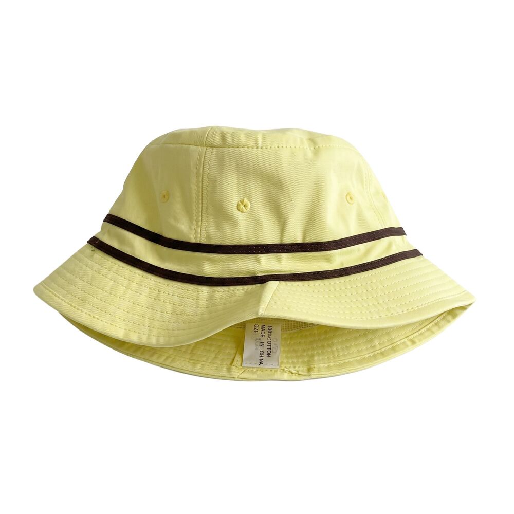 Vintage J HATS Yellow Bucket Hat Brown Trim Cotton Sun Cap Size 59 7 3/8 Retro